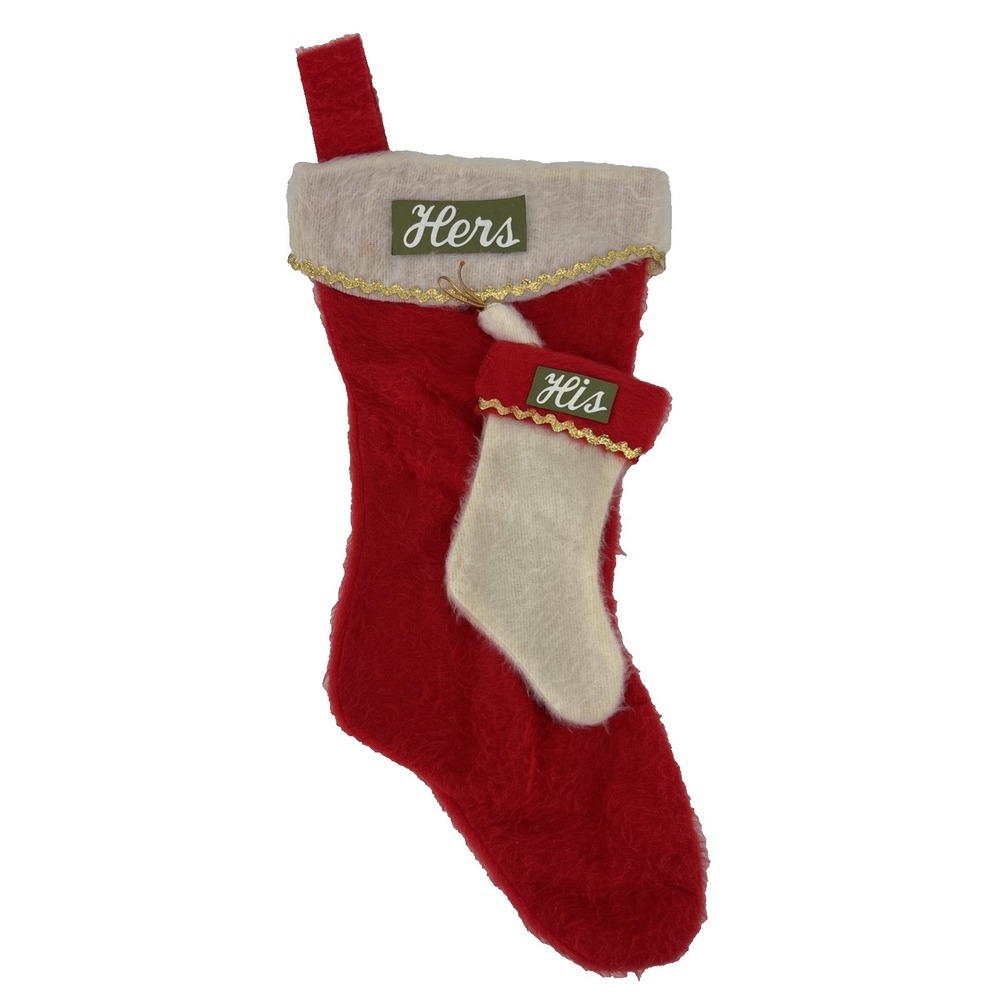Vintage Christmas Stocking His & Hers Comical Large 19" MCM Fuzzy Joke‎ Red